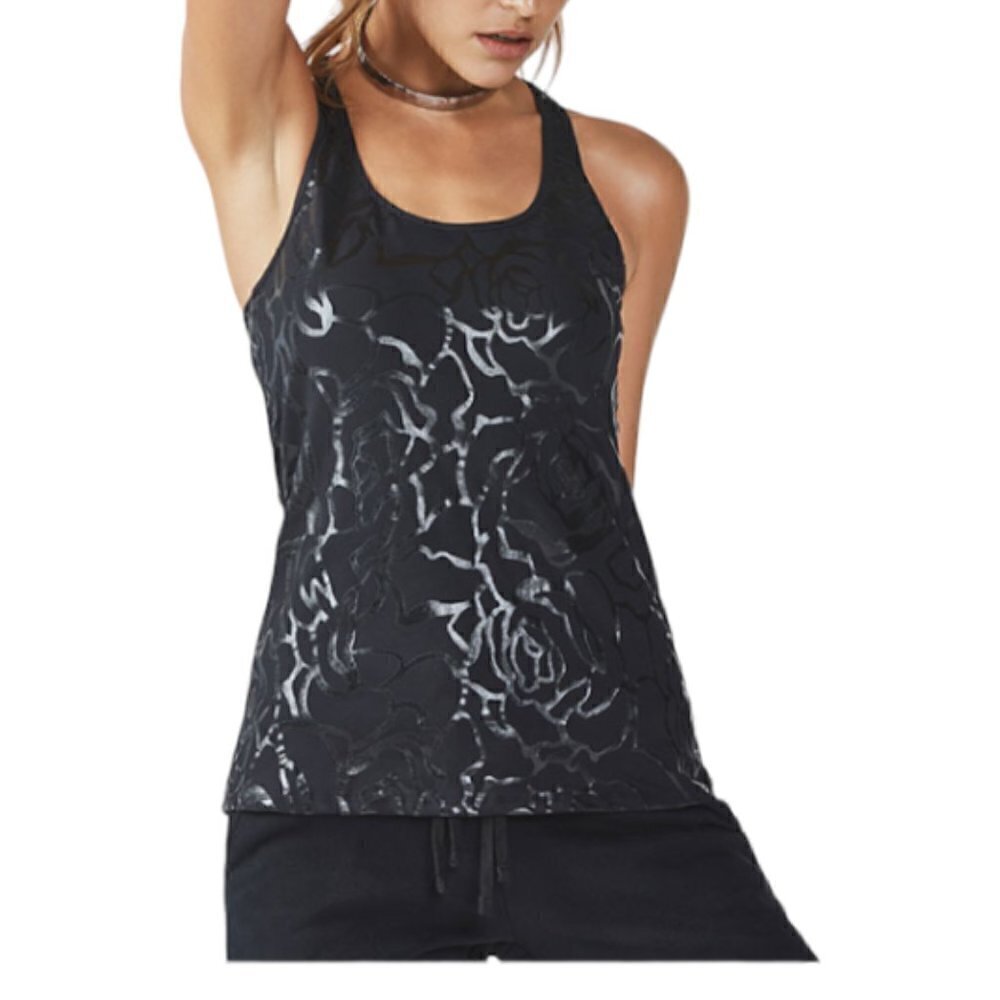 Fabletics Eiffel Rose Print/Black Racerback Scoop Neck Active Tank Top Lrg NWOT